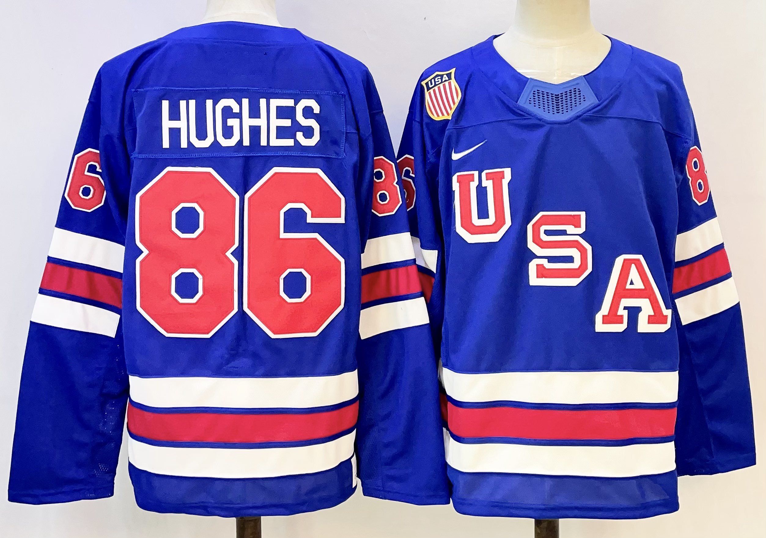 Men USA #86 Hughes Blue Nike 2026 NHL jersey 05